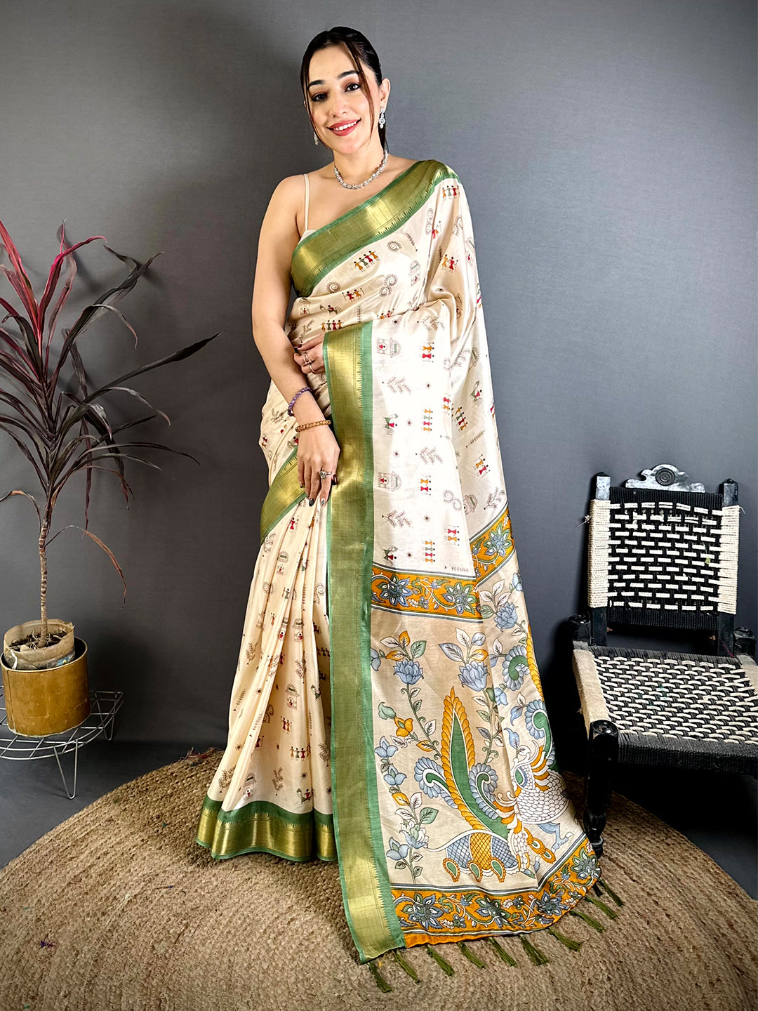 Green Soft Dola Silk Warli Print Saree