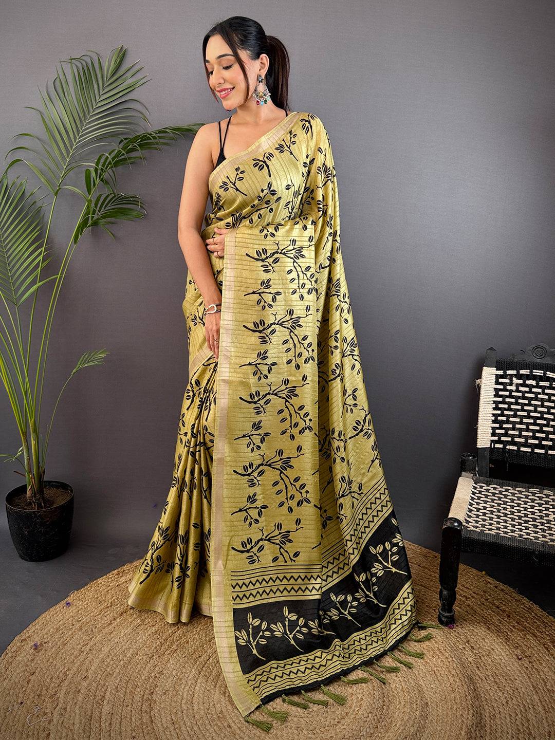 Mustard Yellow Ghicha Leaf Print Saree