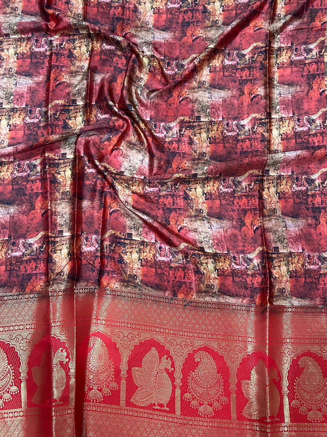 Heritage Soft Cherry Satin Kalamkari Print Saree