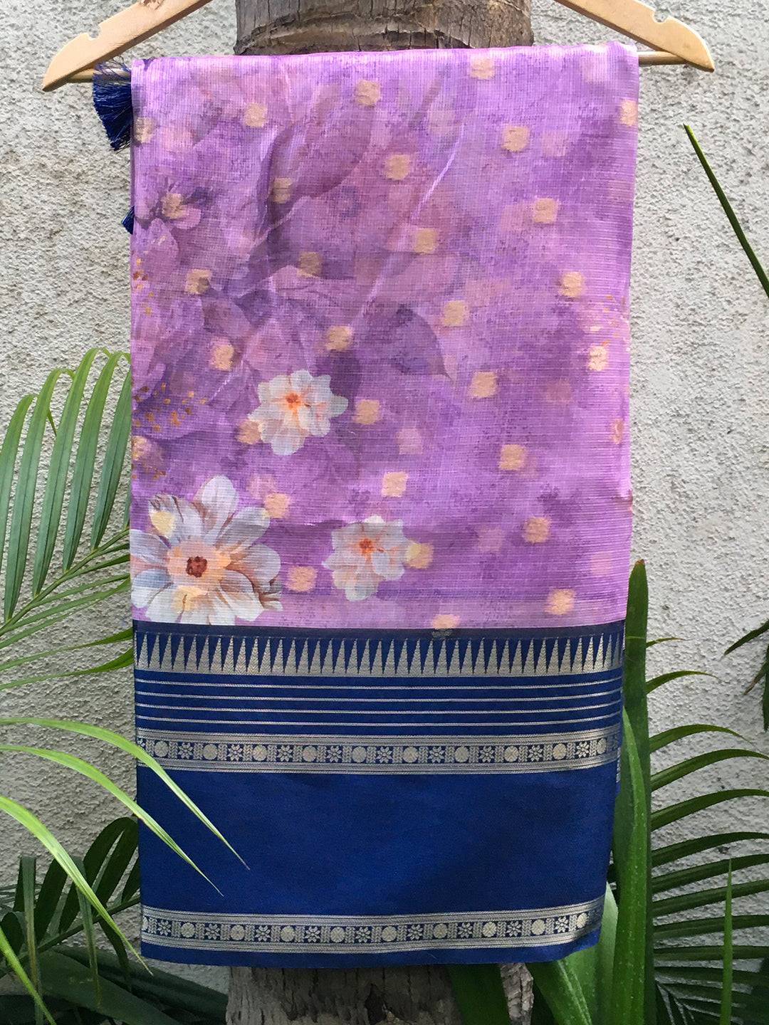 Kota Doriya Iris Purple Floral Printed Saree on display