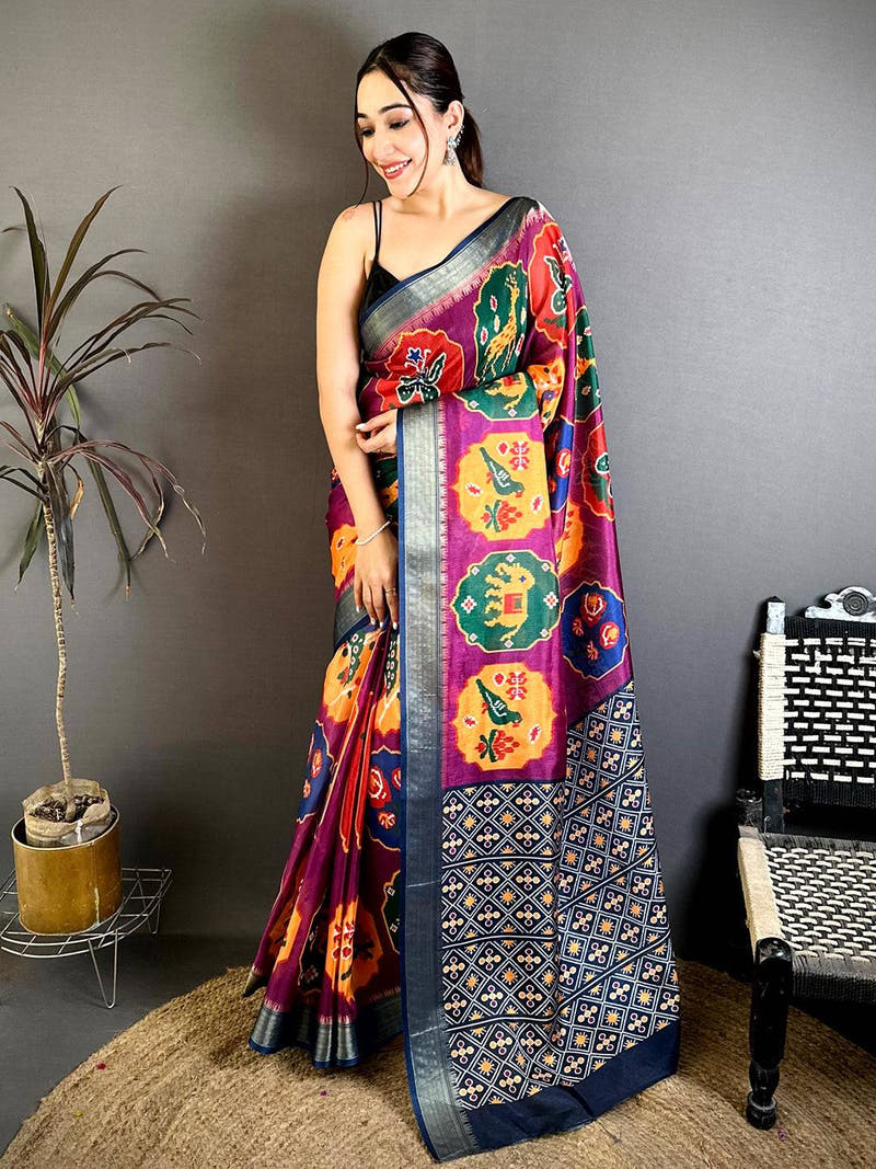 Wine Soft Dola Big Ikkat Minakari Print Saree