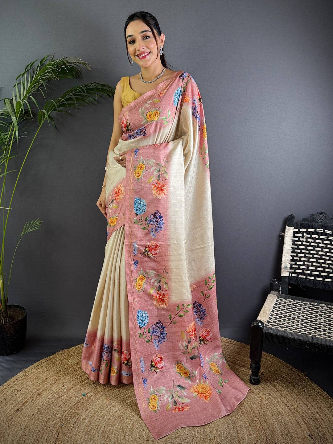 Off White Tussar Ghicha Silk Saree