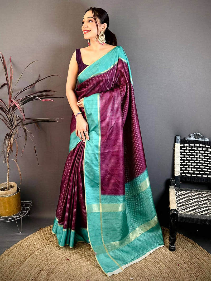 Wine Tussar Gold Zari 1000 Butti Saree