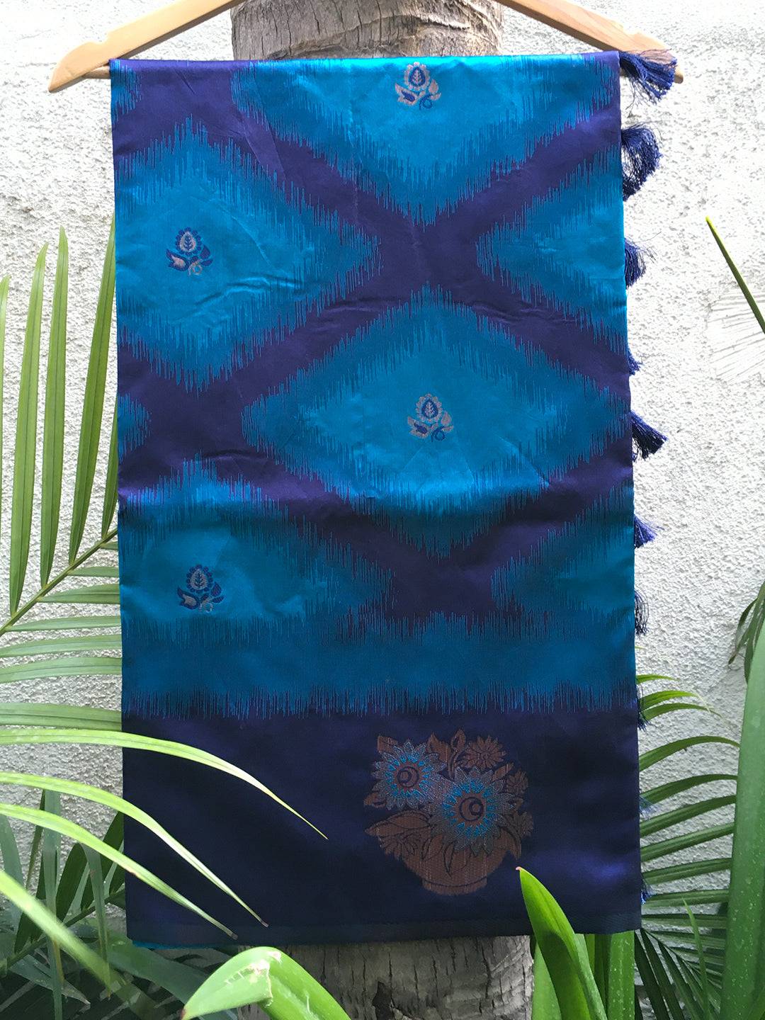 Dark Blue Tussar Silk Ikkat Weaving Saree on hanger