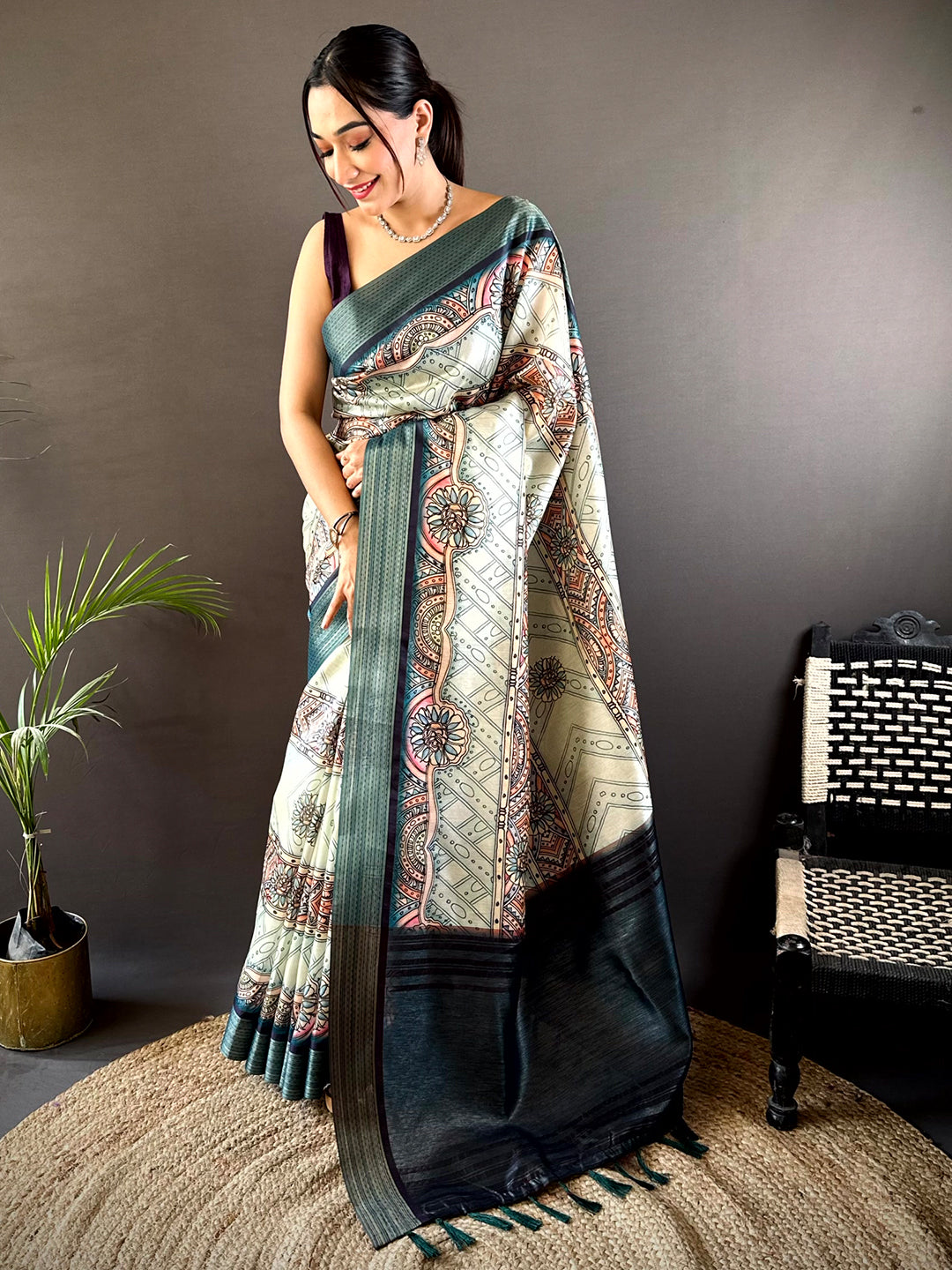 Off White Digital Kalamkari Printed Tussar Silk Saree