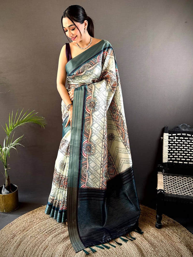 Off White Digital Kalamkari Printed Tussar Silk Saree