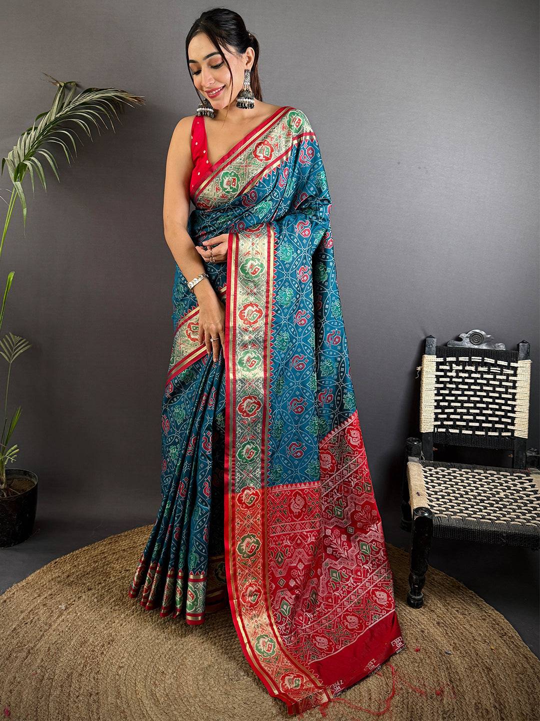 Elegant Denim Blue Pochampally Patola Silk Saree