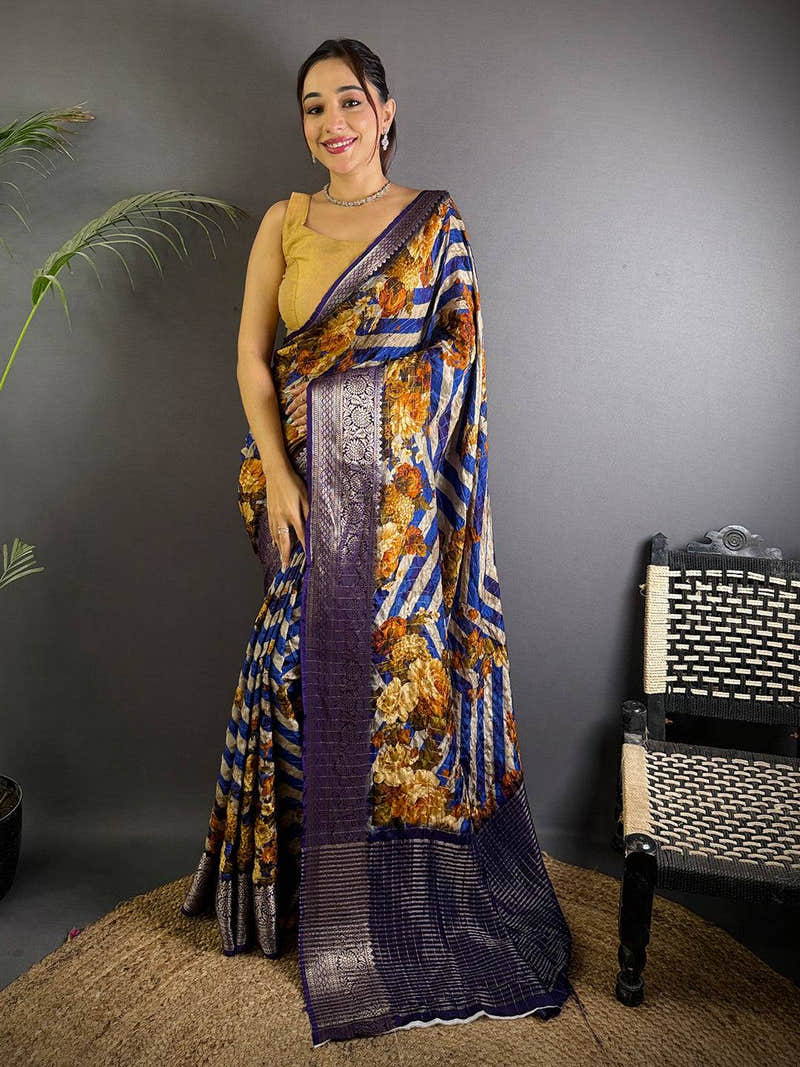 Royal Blue Floral Printed Viscose Saree