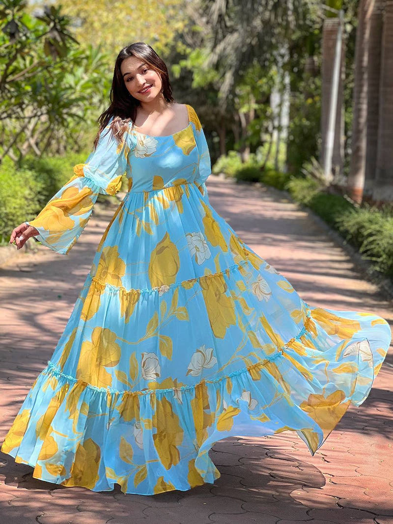 Elegant Sky Blue Floral Dress twirling outdoors