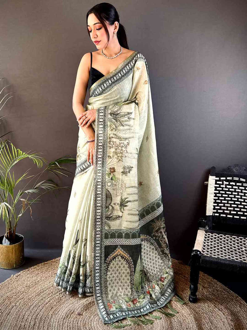 Mint Green Tissue Floral Leaf Print Saree