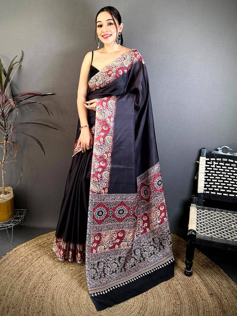 Classic Ajrakh Print Tussar Saree