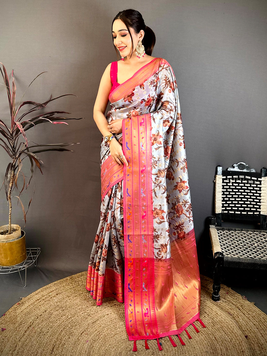 Light Grey Paithani Border Kora Tissue Saree