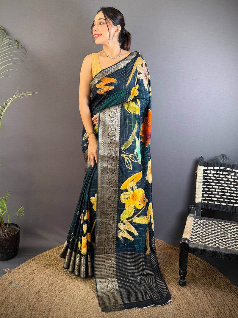 Bottle Green Floral Kalamkari Viscose Saree