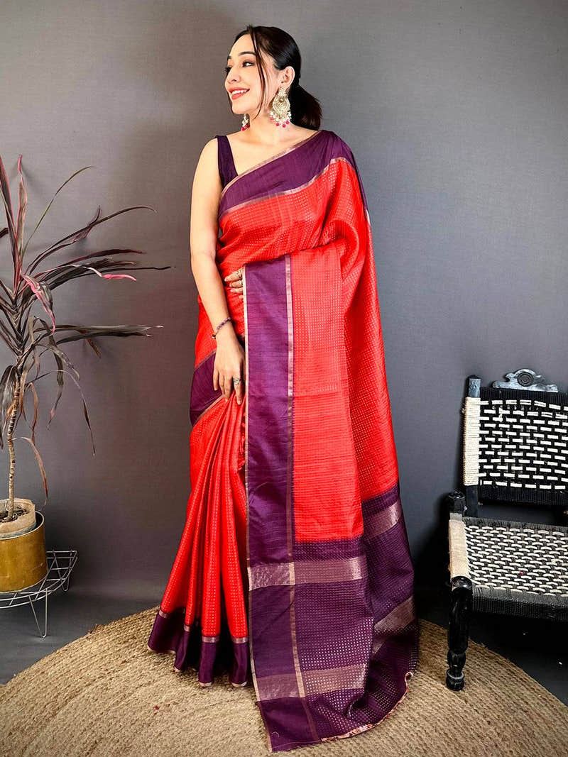Deep Red Tussar Gold Zari 1000 Butti Saree