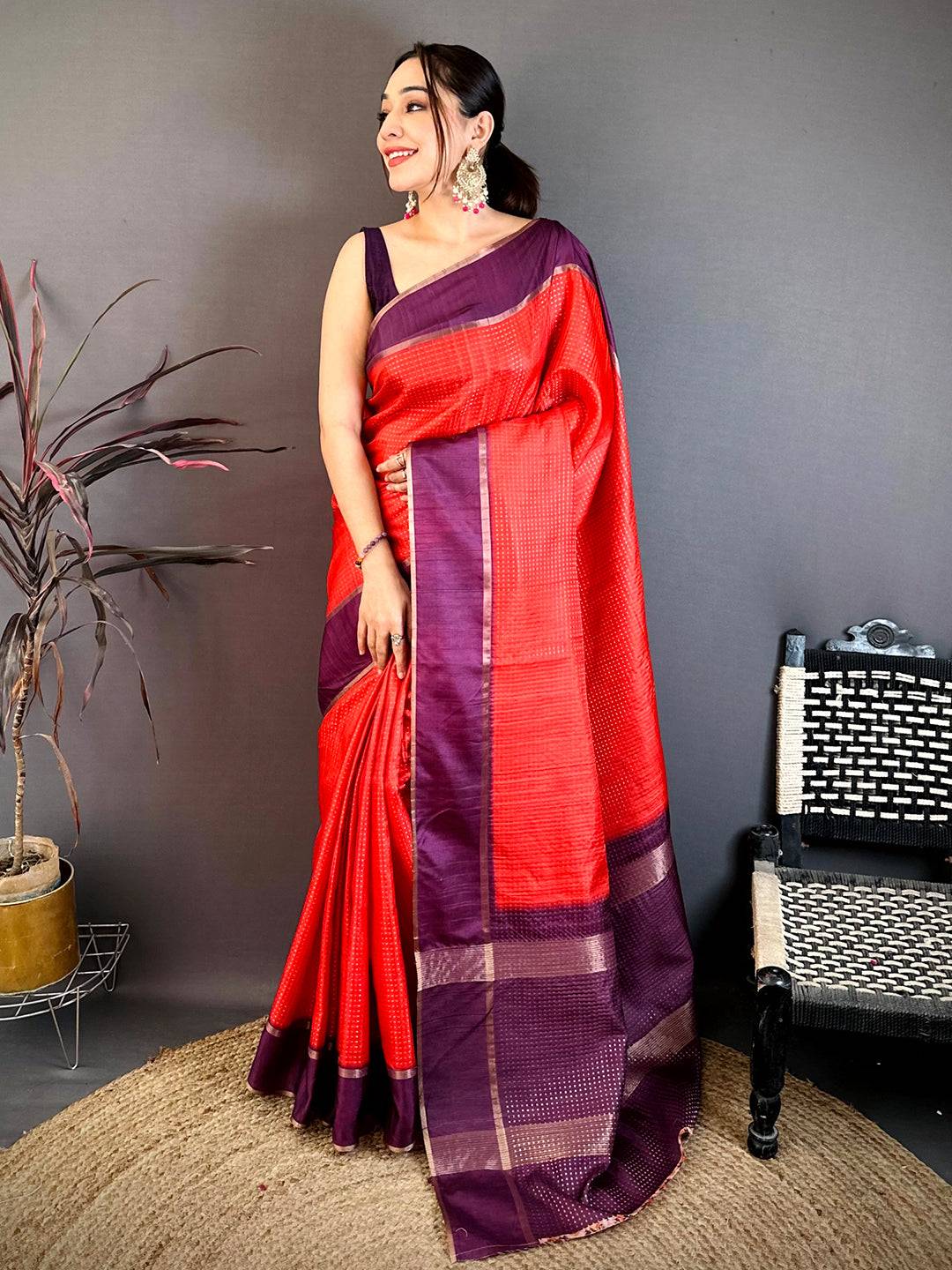 Deep Red Tussar Gold Zari 1000 Butti Saree