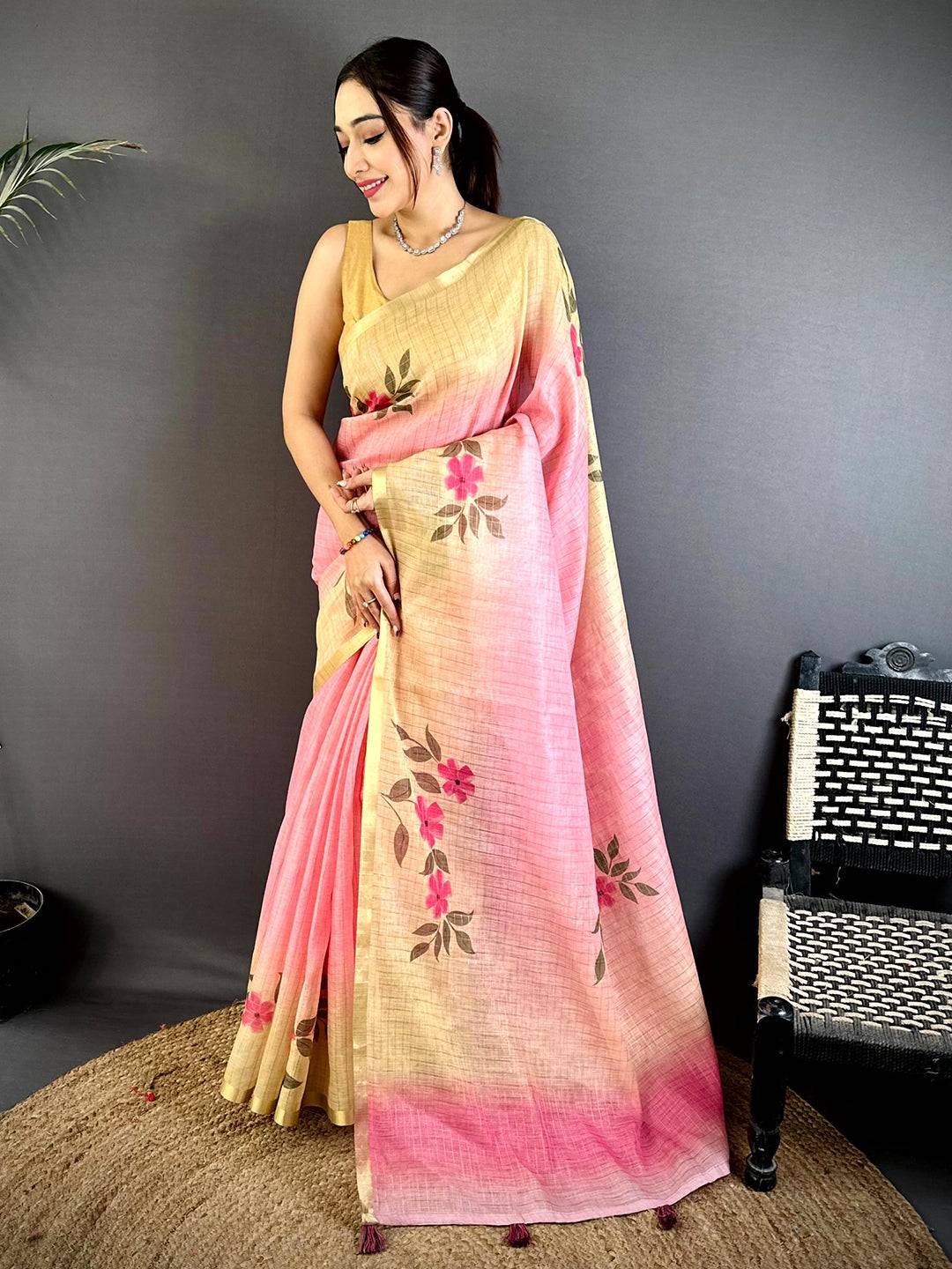 Regal Soft Linen Gold Zari Floral Saree