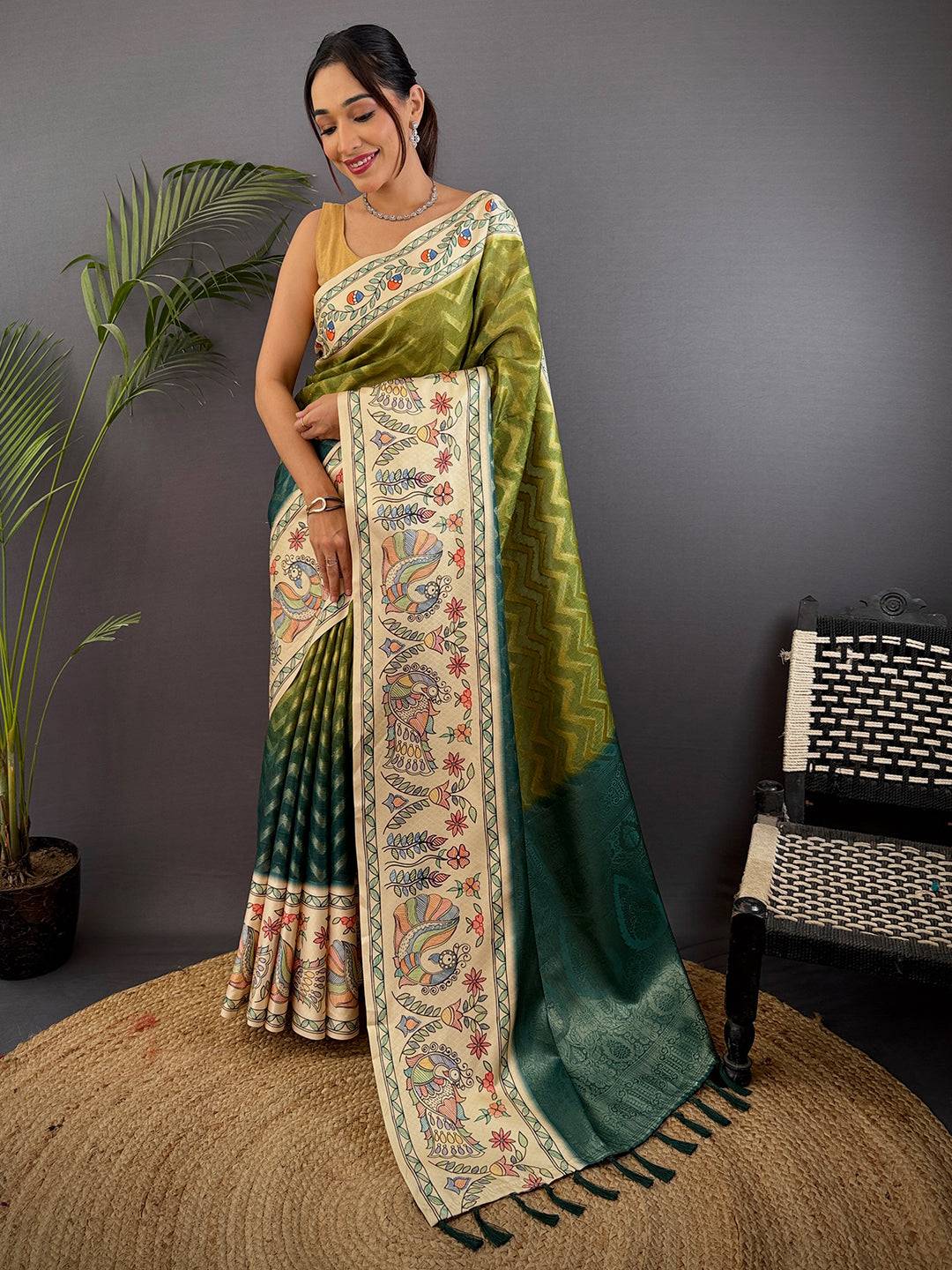Olive Madhubani Print Soft Silk Saree