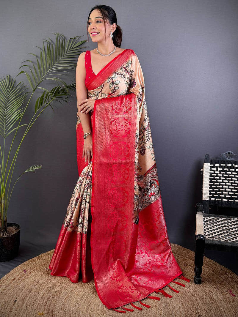 Peach Kalamkari Printed Soft Satin Saree