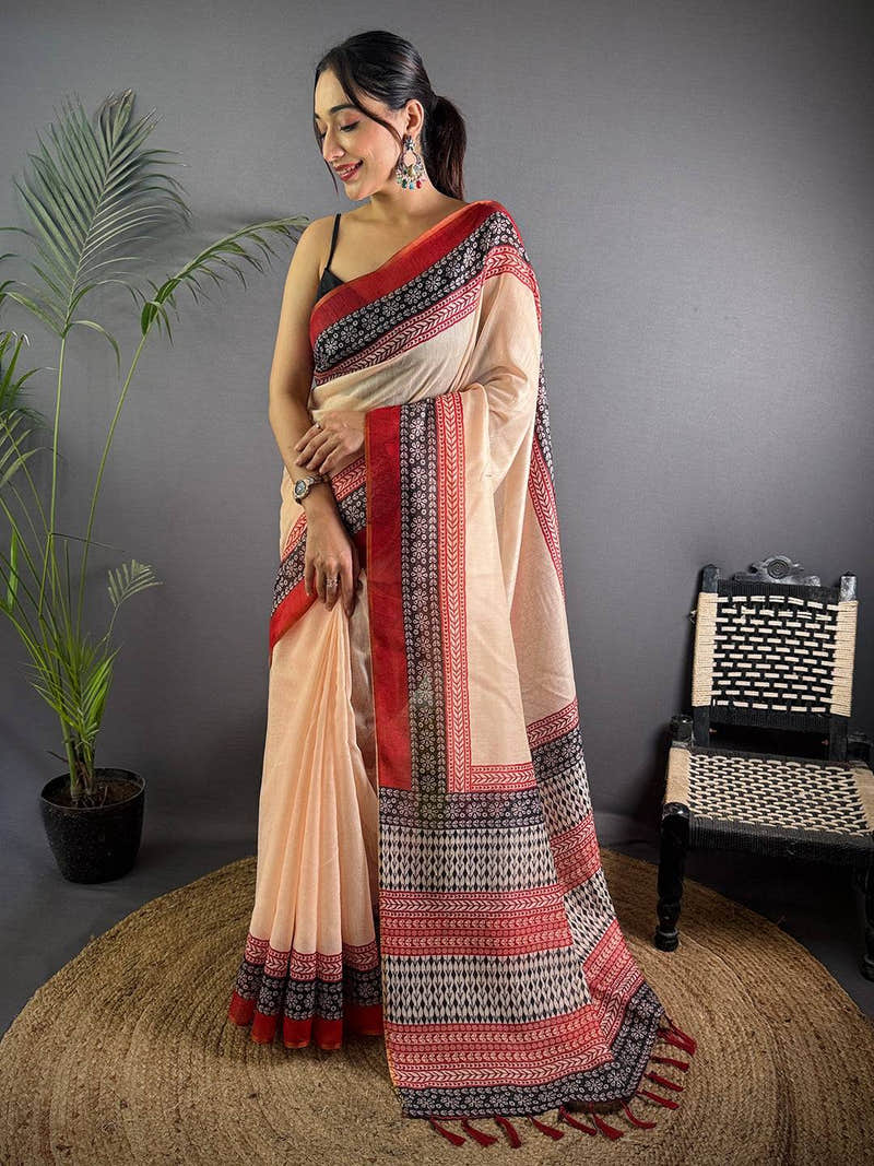 Cream Tissue Chanderi Ajrakh Printed Saree