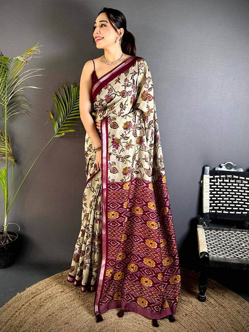 Magenta Floral Phulkari Mul Cotton Saree