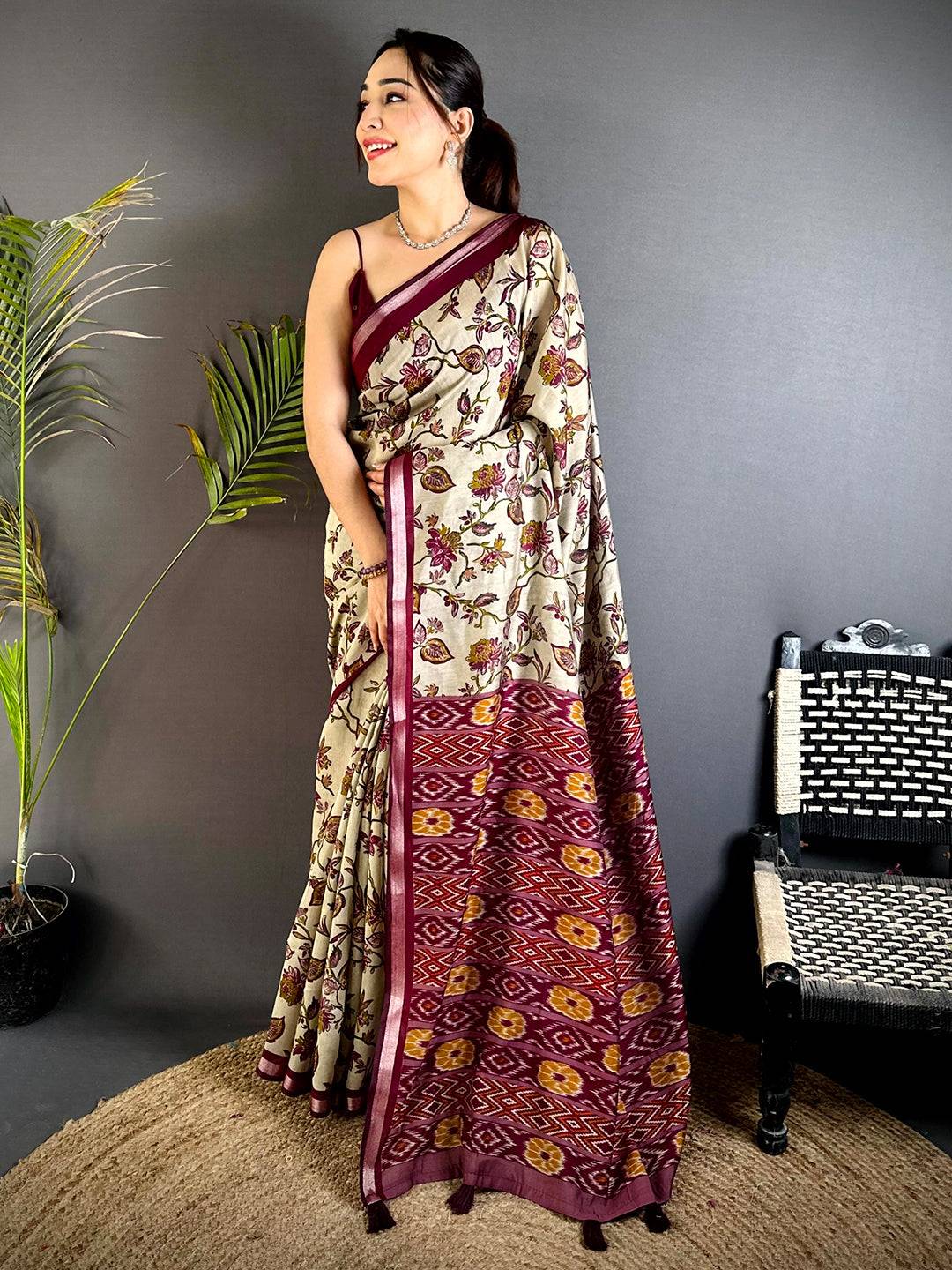 Magenta Floral Phulkari Mul Cotton Saree