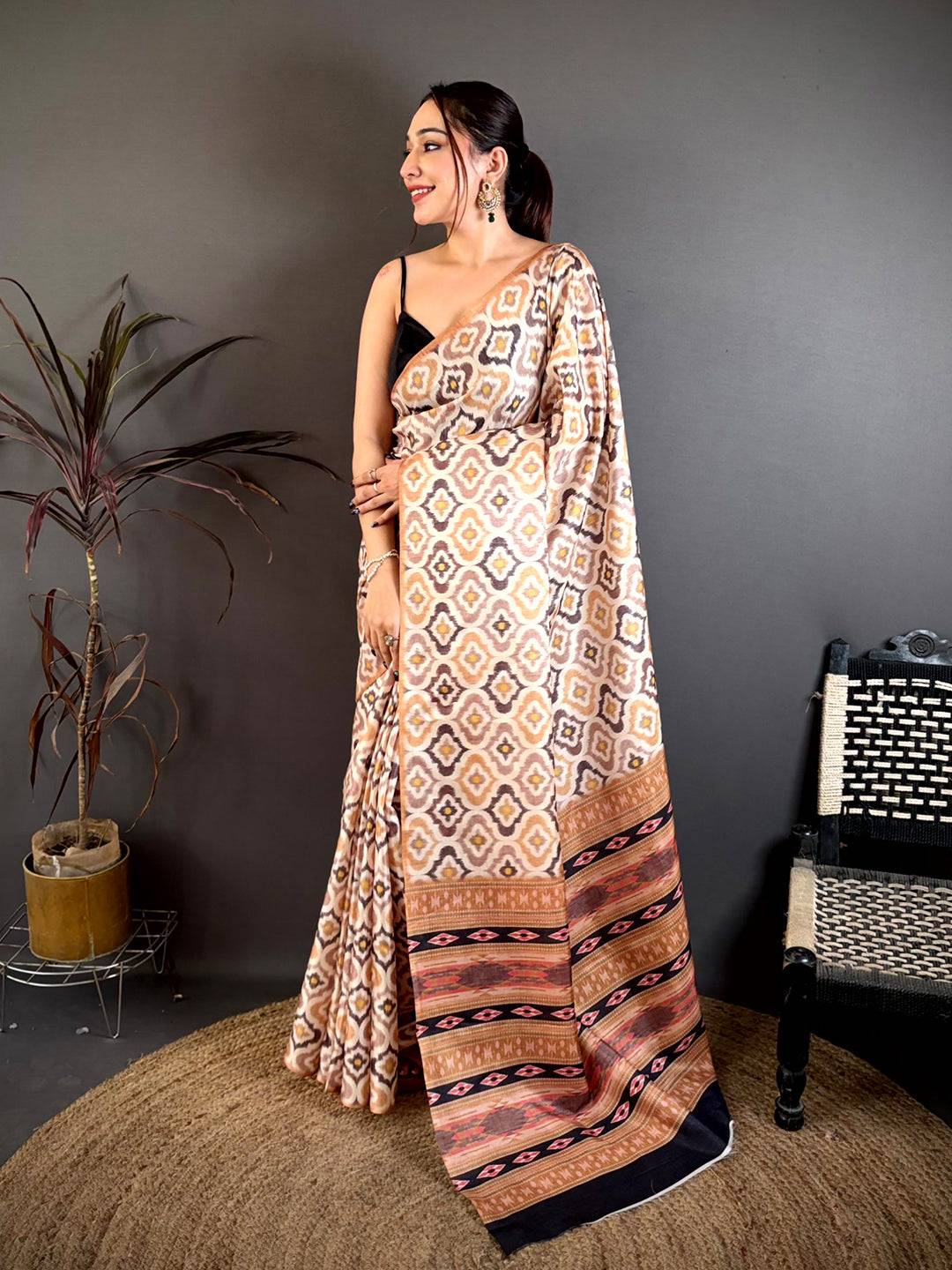 Soft Tussar Ajrakh Bagru Hand Block Print Saree