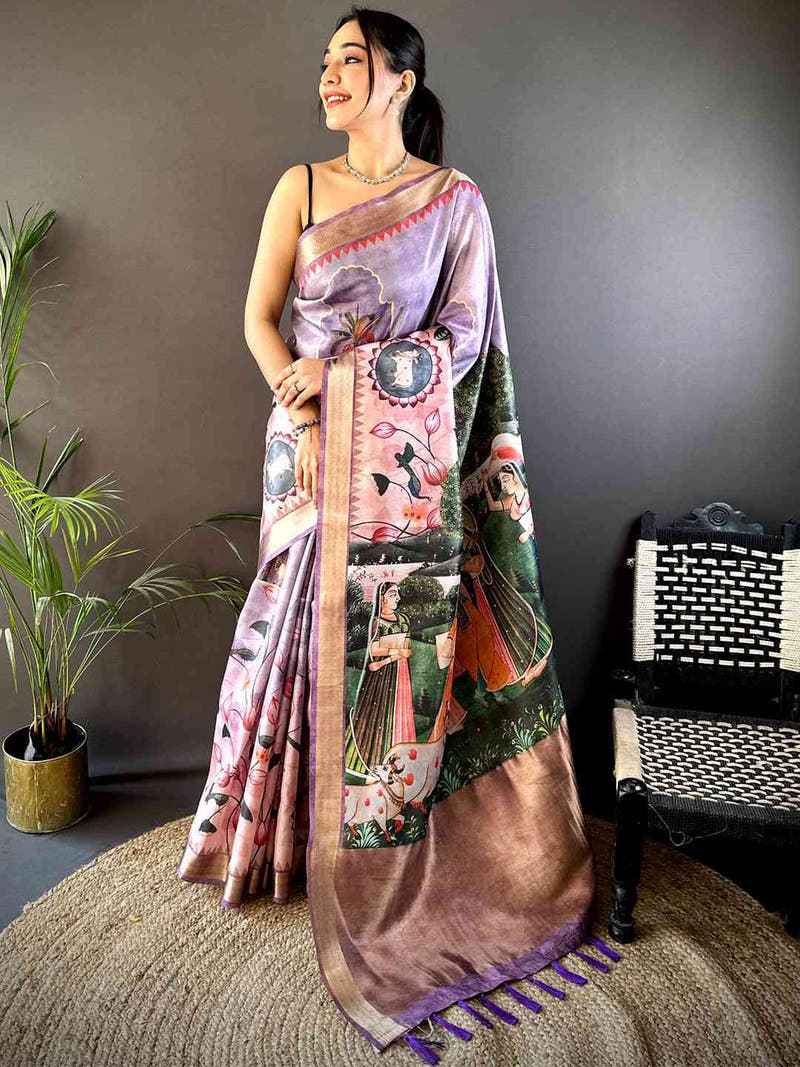 Lavender Soft Silk Tissue Pichwai Print Saree