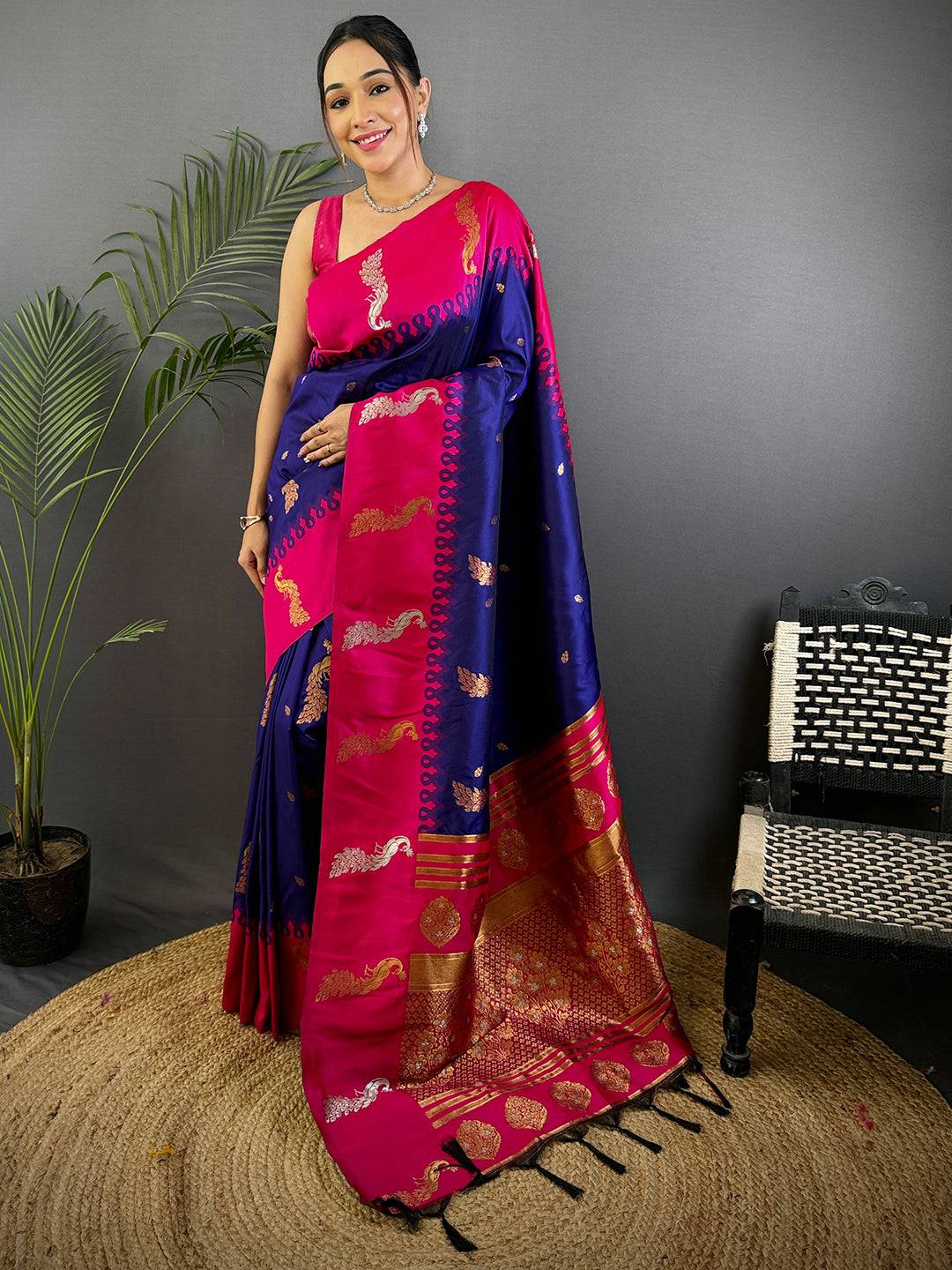 Purple Gold Zari Peacock Butta Soft Silk Saree