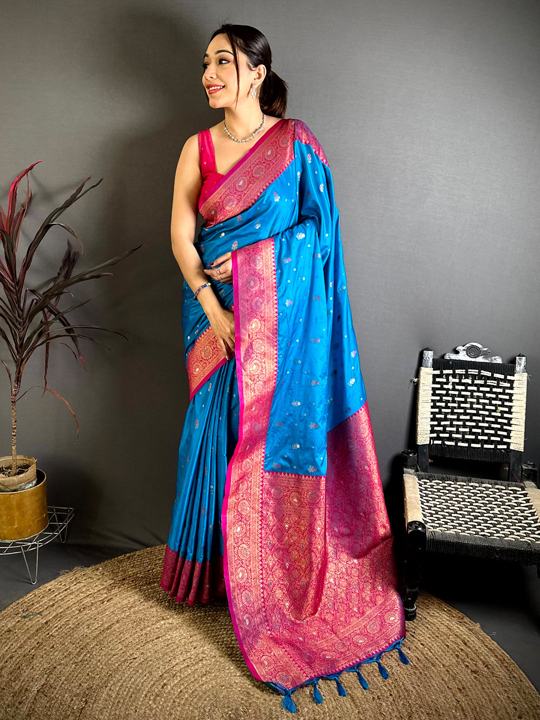 Sky Blue Minakari Butti Zari Tissue Saree