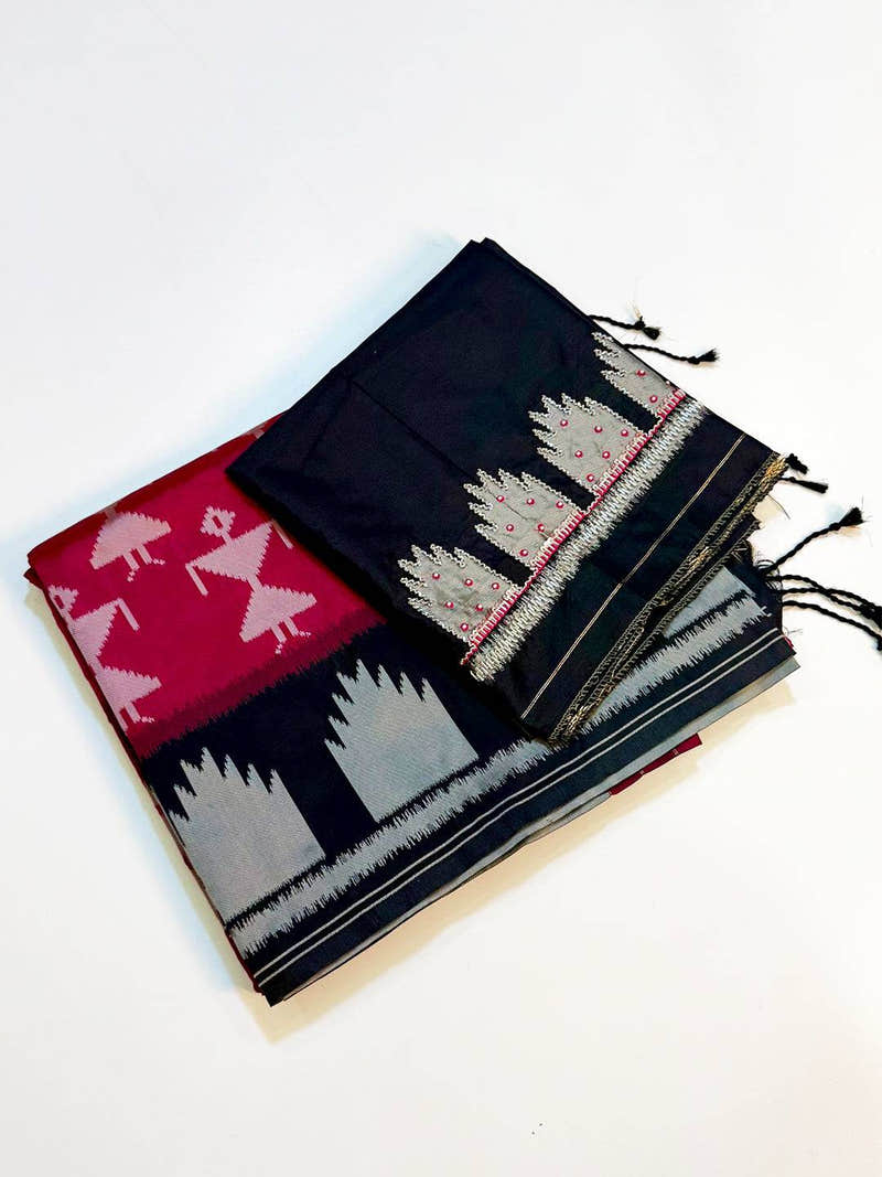 Magenta Warli Weave Soft Silk Saree With Maggam Blouse