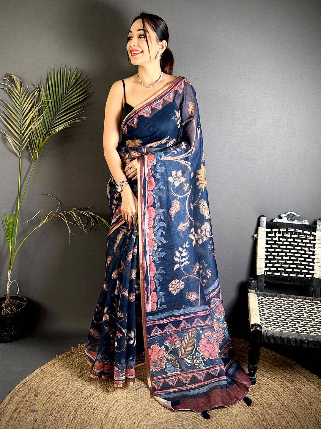 Radiant Floral Hand Art Linen Saree
