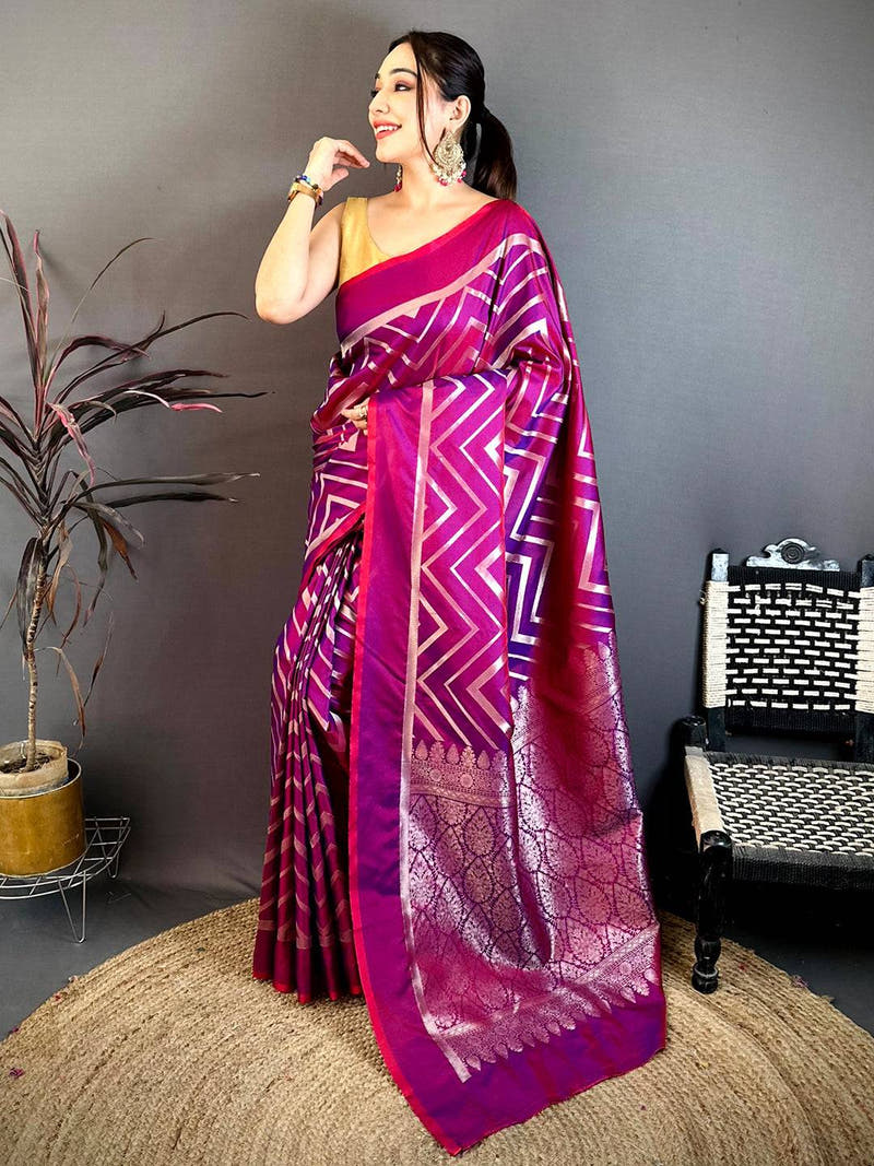Rani Pink Geometric Zari Weave Banarasi Saree