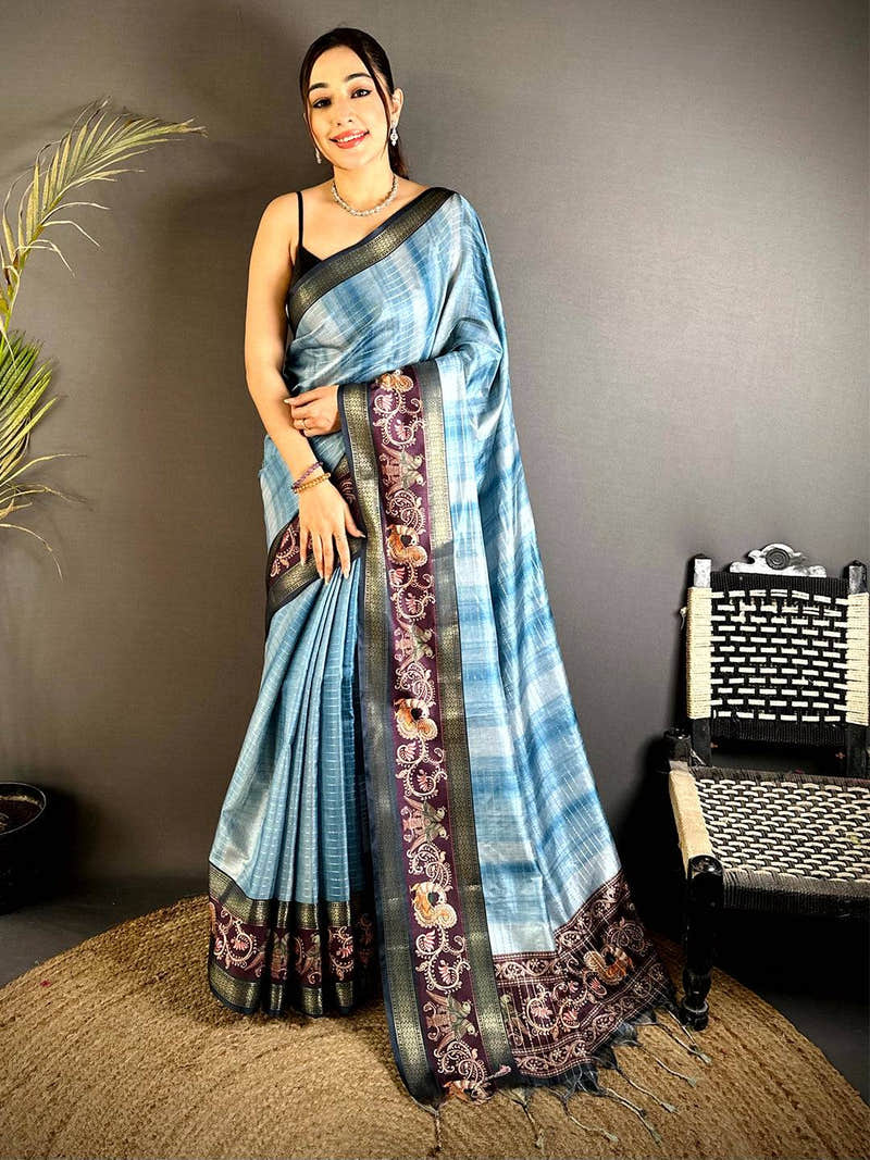 Blue Shibori Print Semi Silk Saree