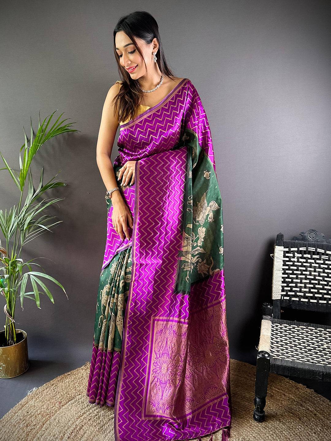 Shop Wine Heritage Weave Kalamkari Soft Silk Saree Wine Heritage Weave Kalamkari Soft Silk Saree