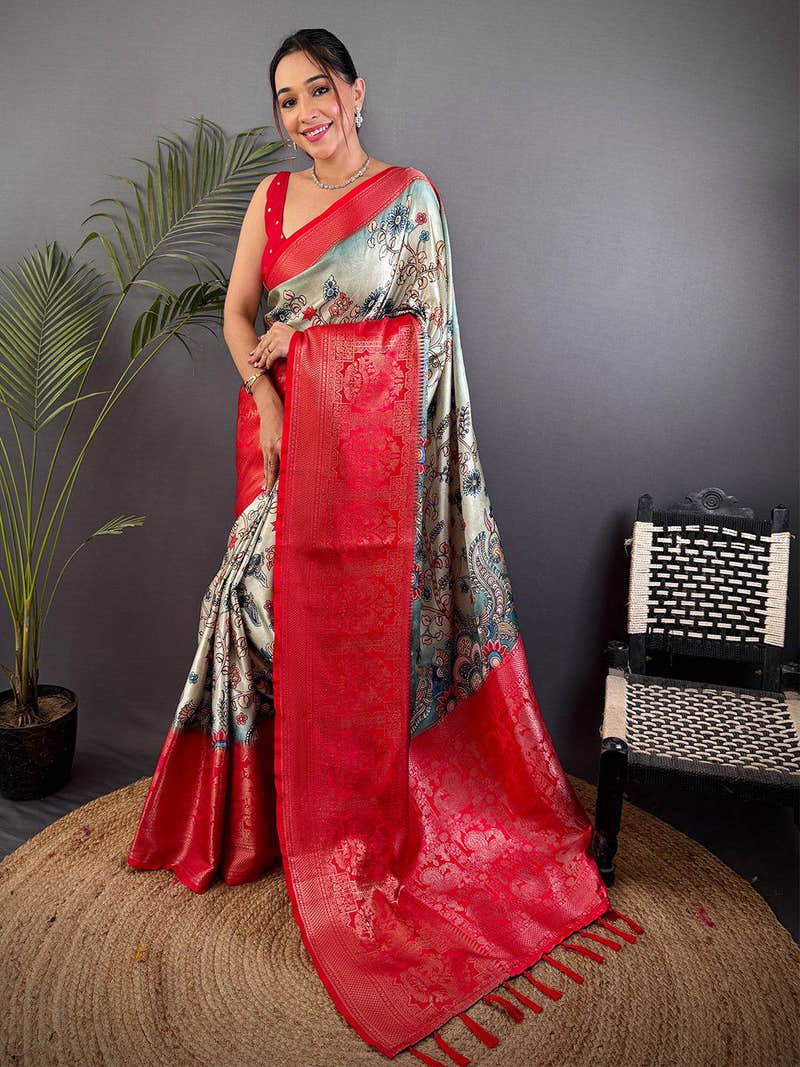 Sage Green Kalamkari Printed Soft Satin Saree
