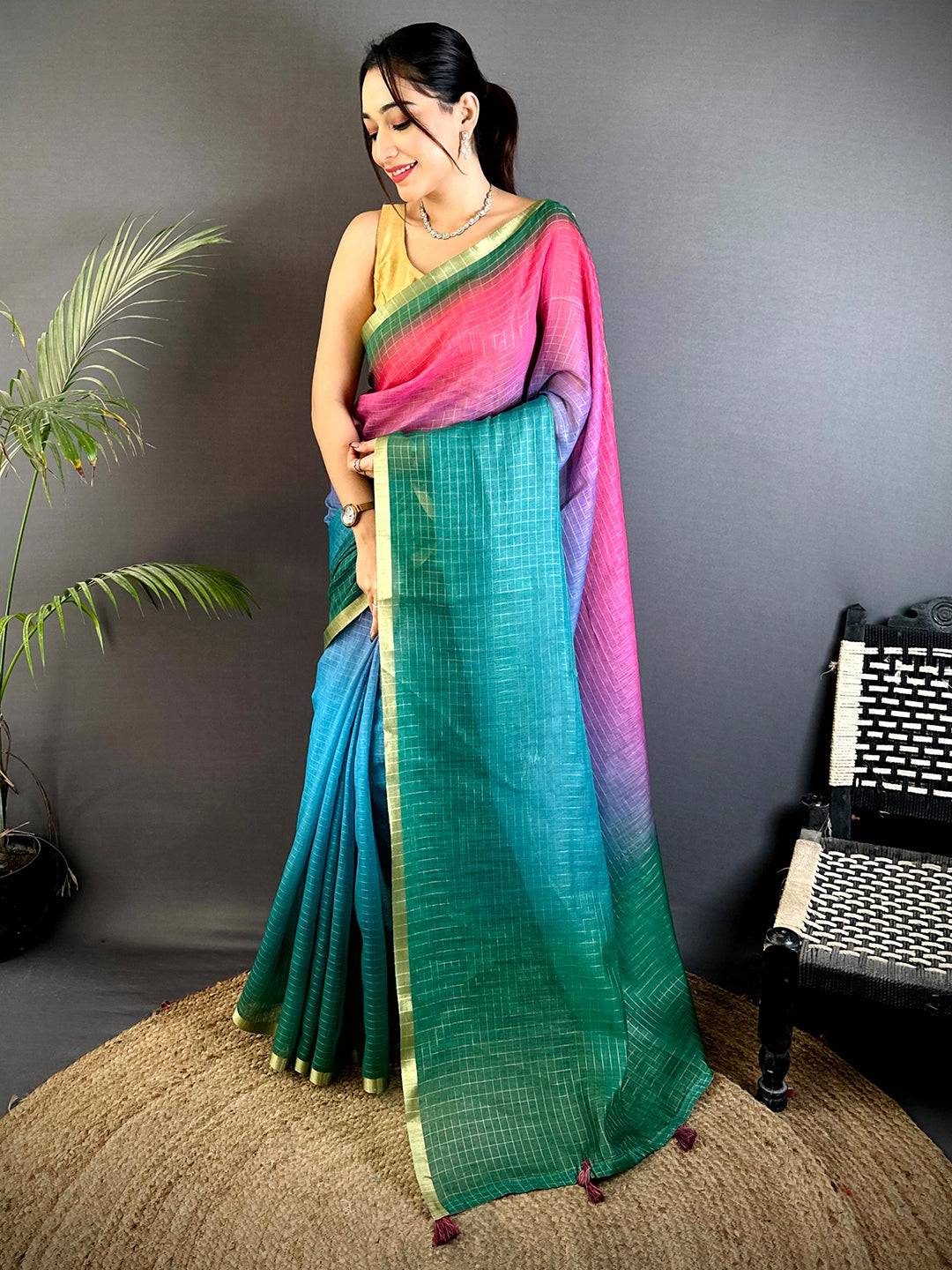 Radiance Linen 90 Zari Check Saree
