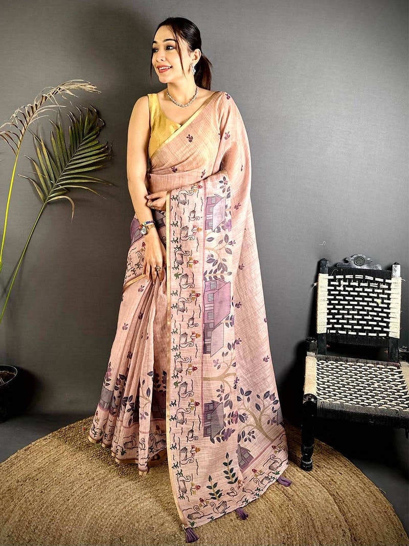 Pink Kalamkari Madhubani Print Saree