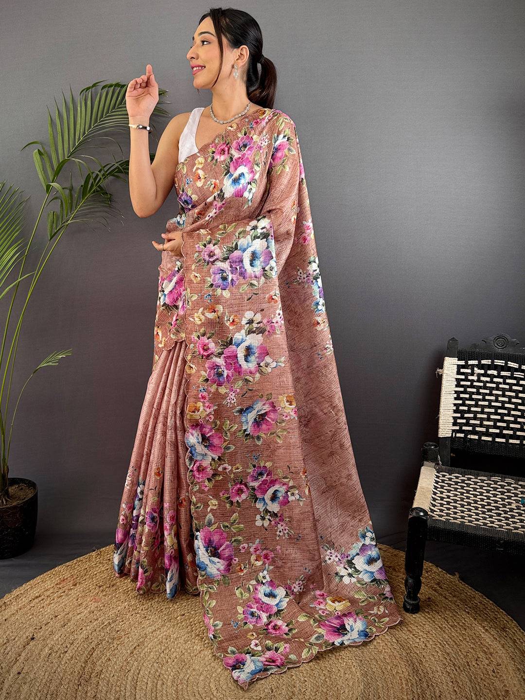 Brown Kota Doriya Floral Cut Work Saree