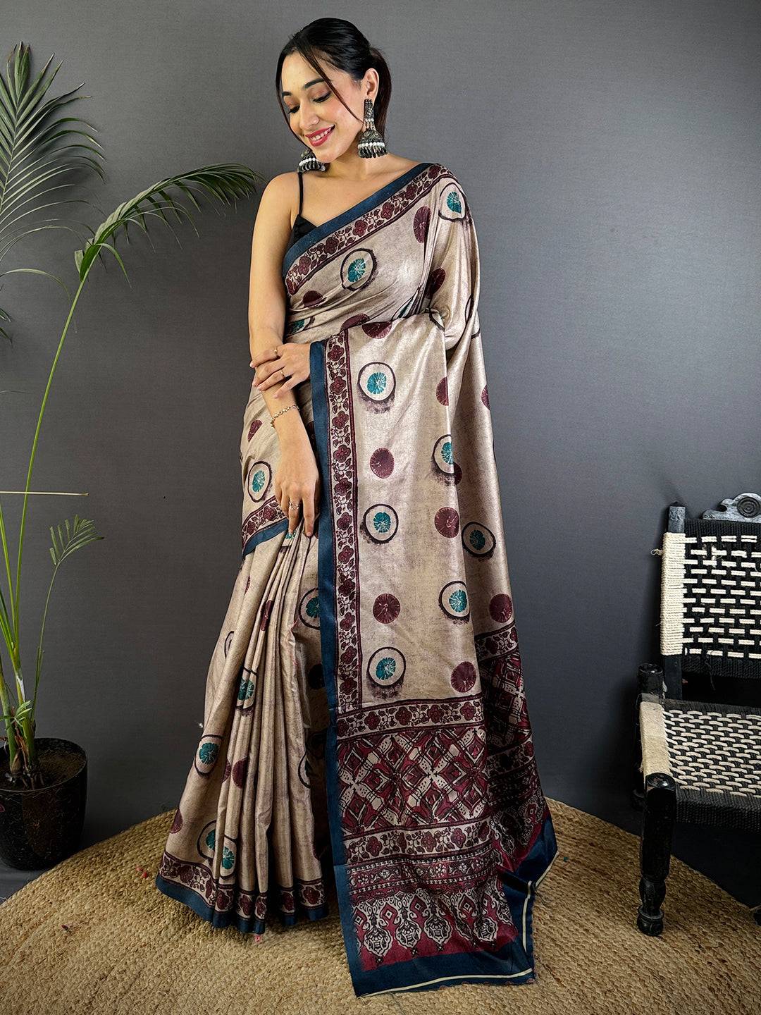 Tan Soft Dola Silk Printed Saree