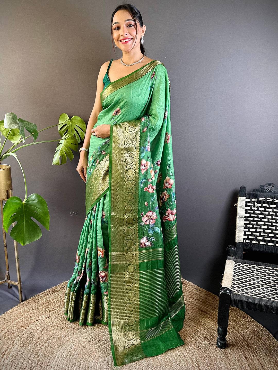 Elegant Green Floral Zari Chex Saree with intricate design