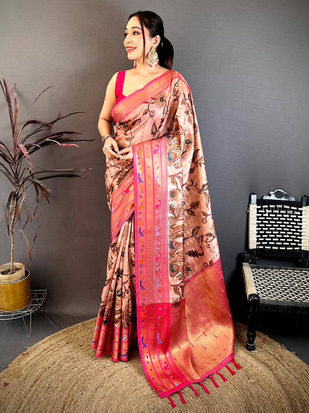 Peach Paithani Border Kora Tissue Saree