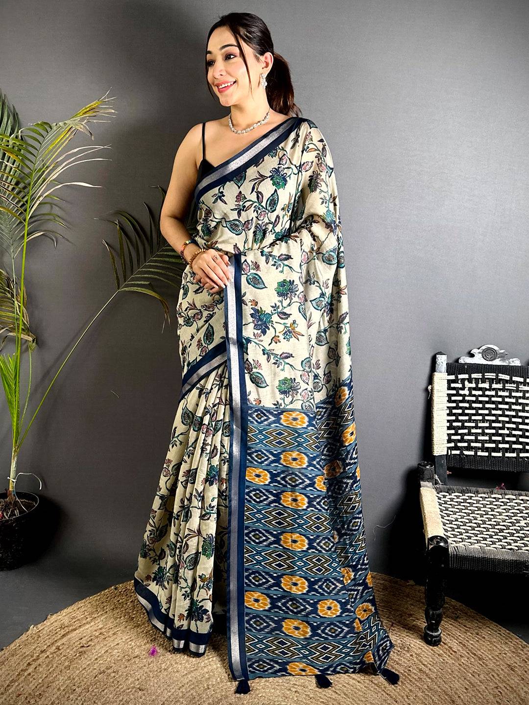 Navy Floral Phulkari Mul Cotton Saree
