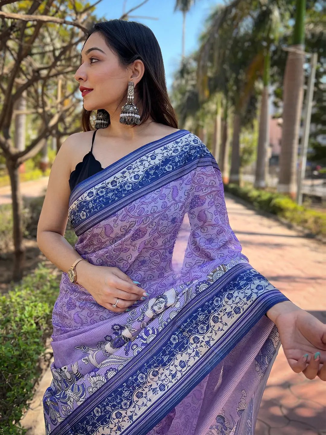 Close-up of Kalamkari Print on Purple Satin Kota Doria Saree