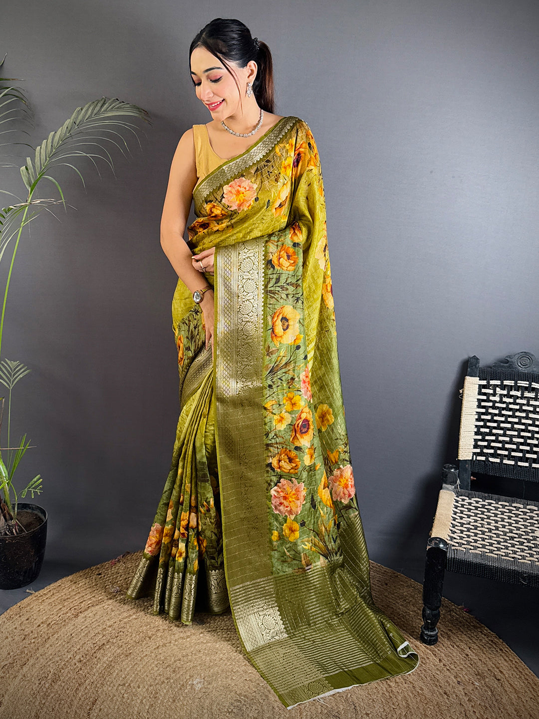 Artistic Olive Green Viscose Floral Saree