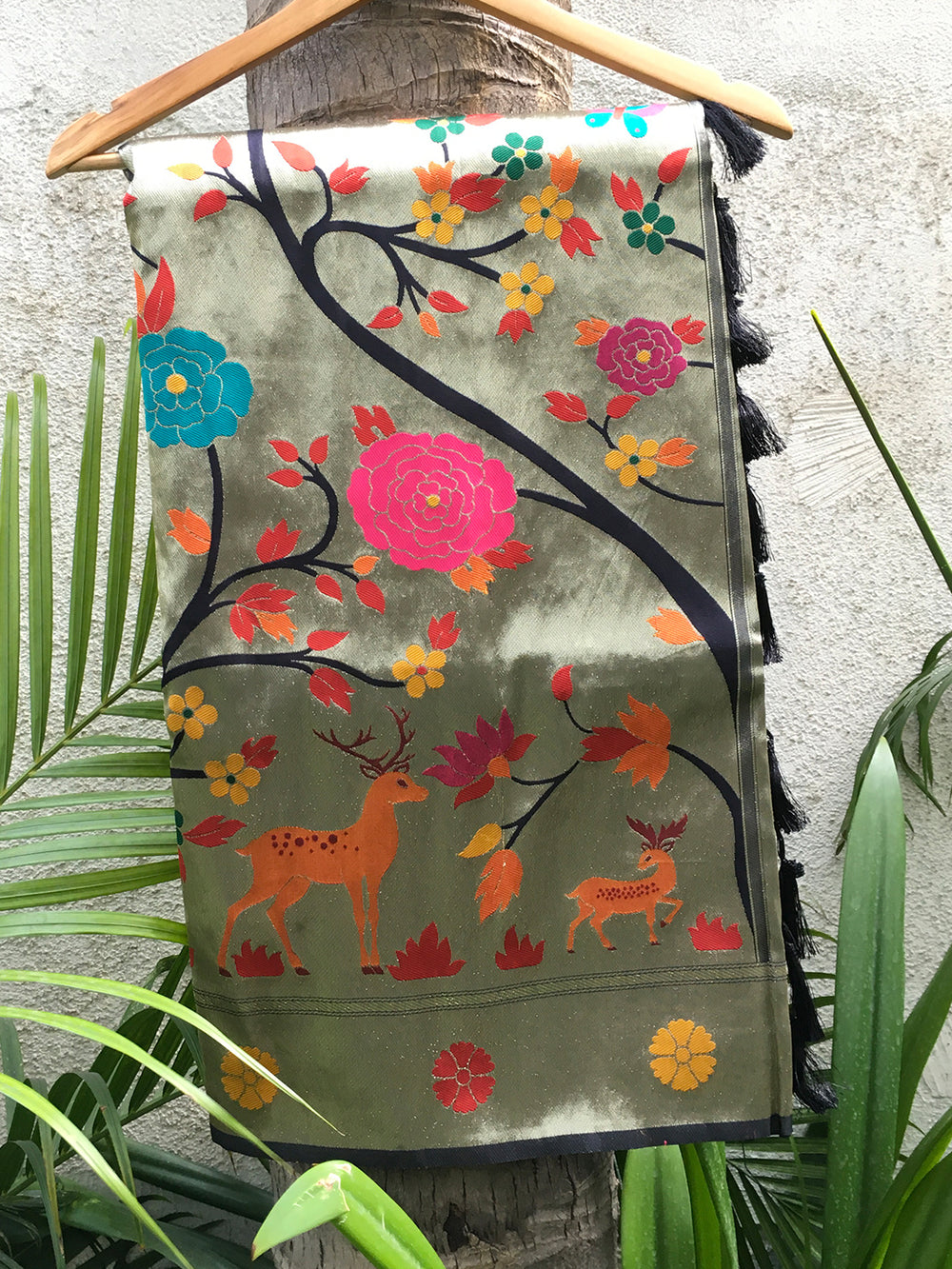 Revan Black Meenakari Work Paithani Saree with floral and deer design