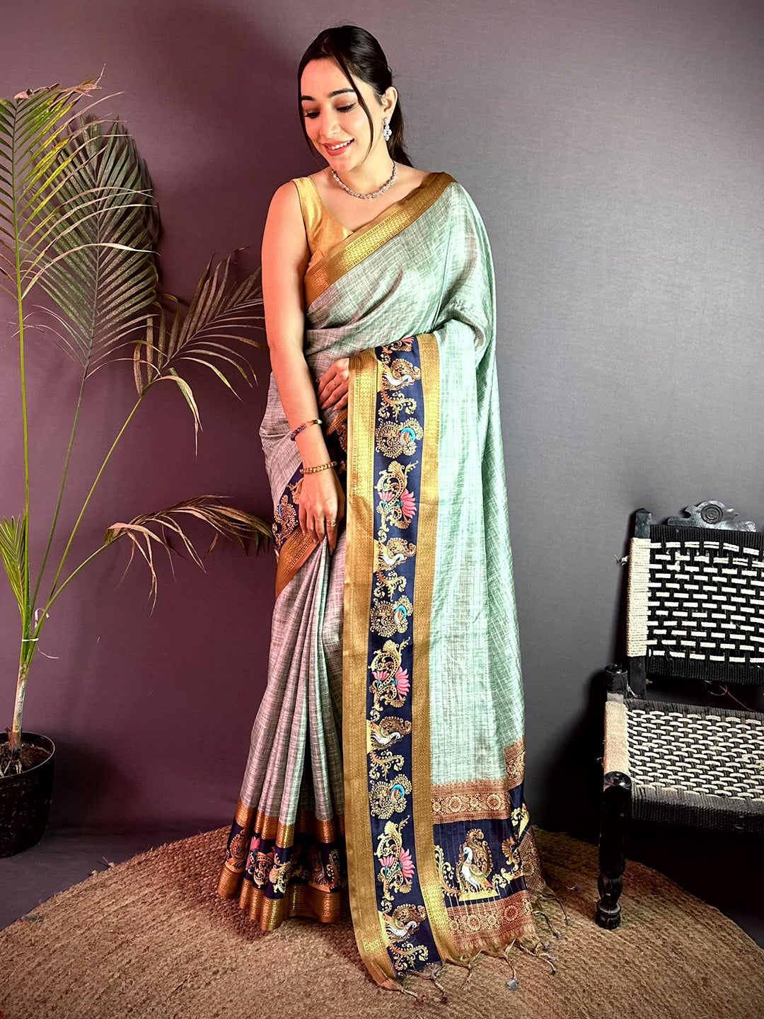 Vibrant Tanjore Art Khadi Semi Silk Saree