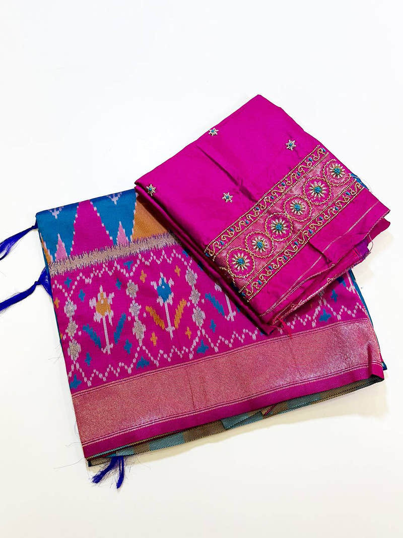Ethereal Sky Blue Soft Silk Ikkat Saree With Maggam Blouse