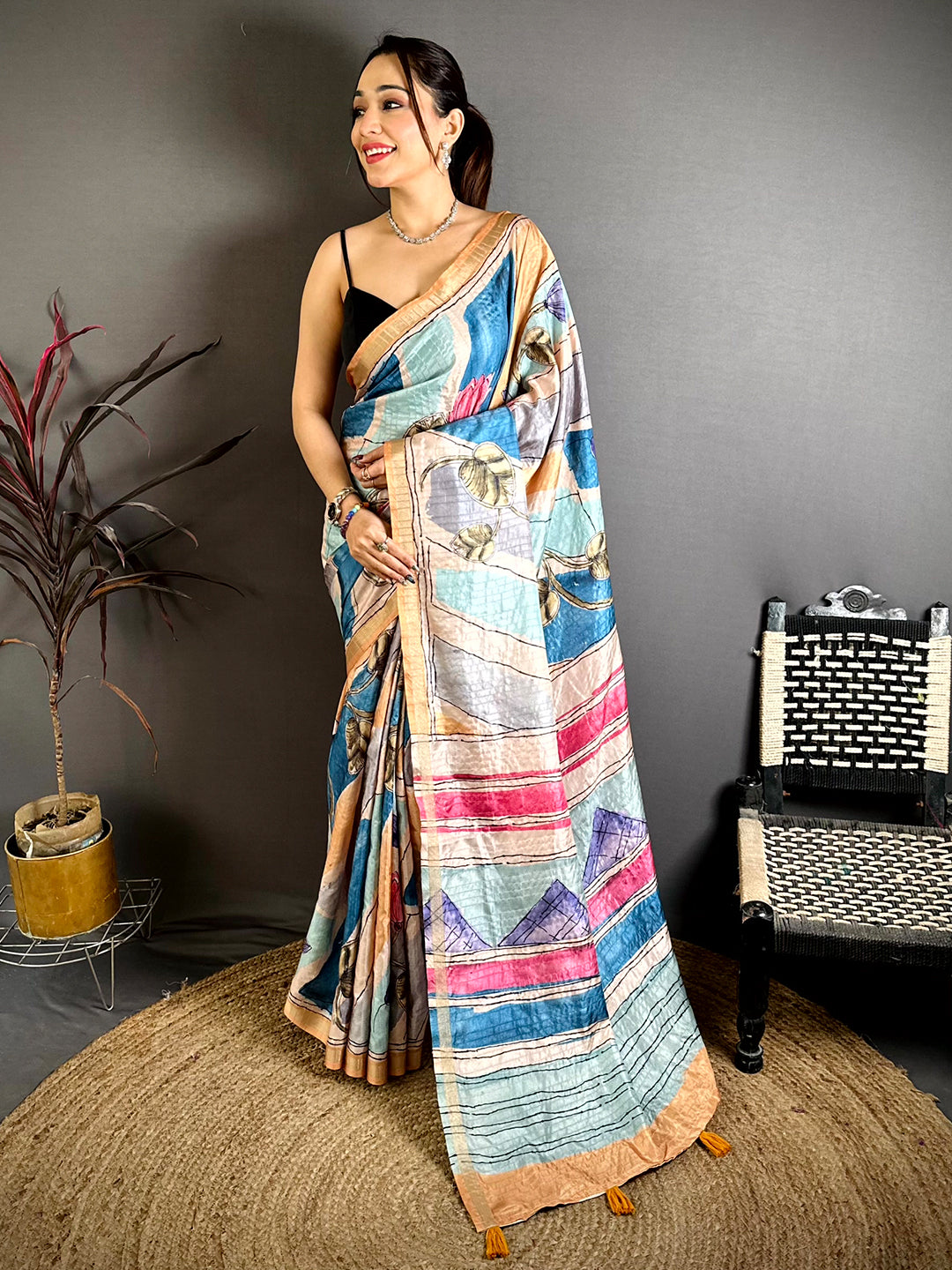 Digital Kalamkari Stylish Tussar Saree