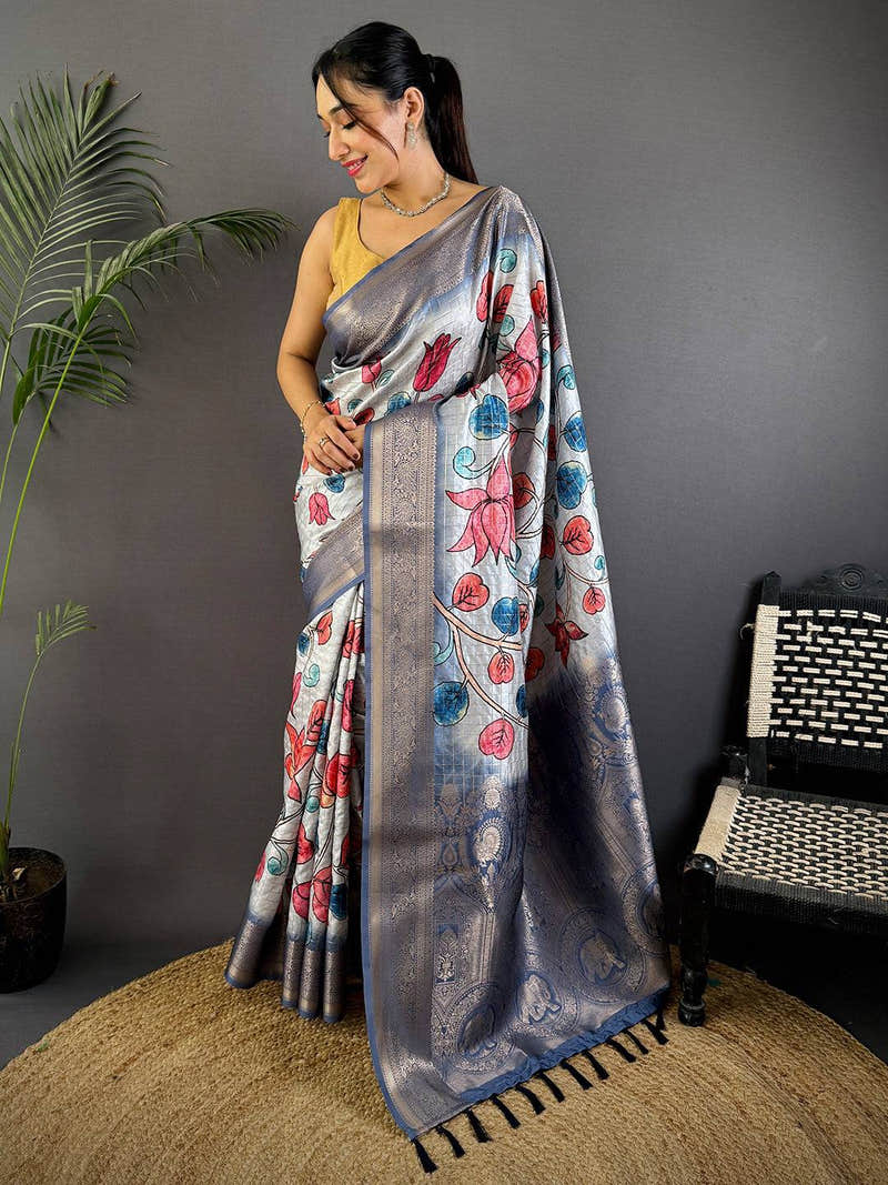 Blue Freehand Design Gadwal Saree