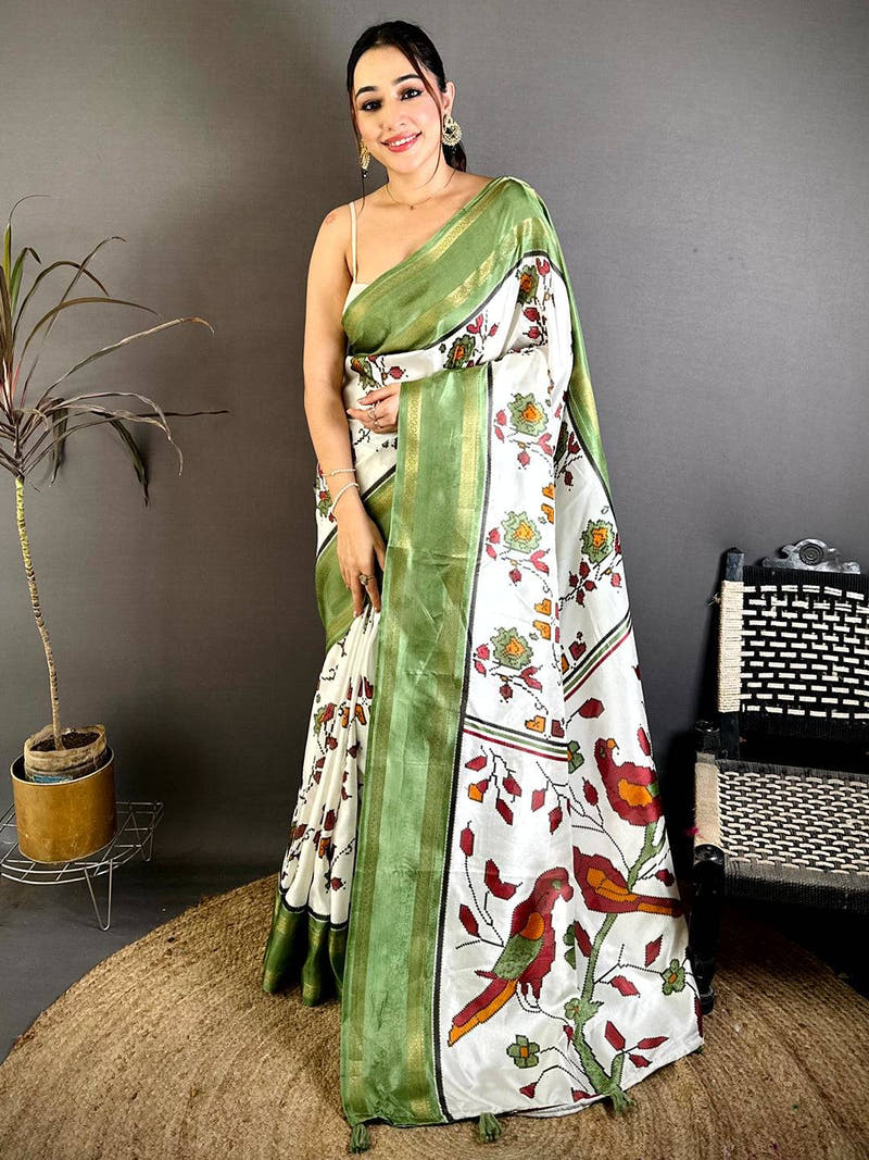Pista Soft Dola Floral Print Gadwal Border Saree